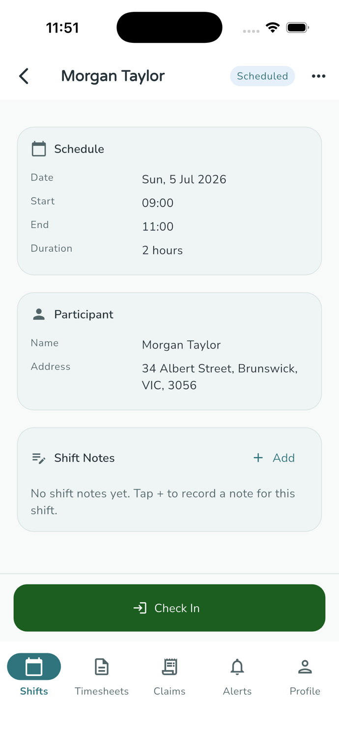 The iWeave Staff mobile app showing a scheduled shift with participant details and a check-in button