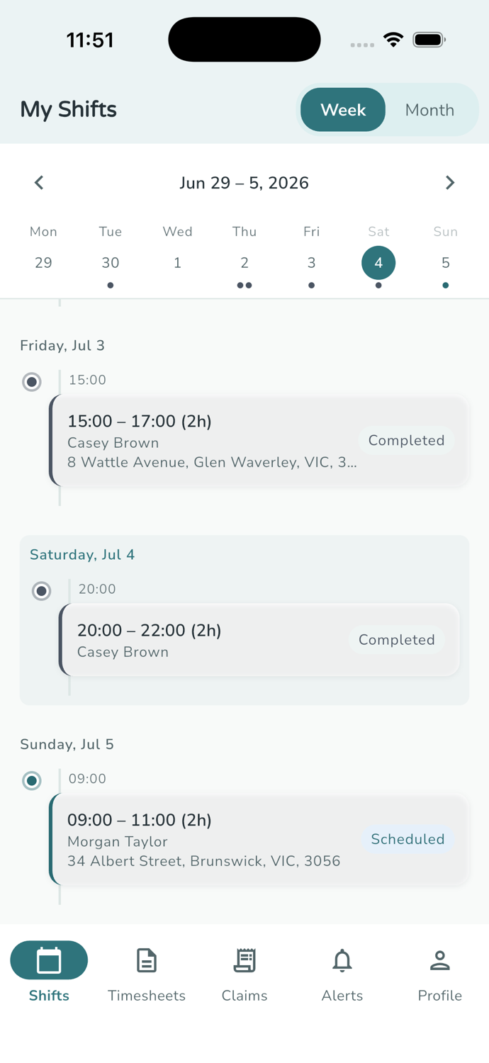 The iWeave Staff mobile weekly shifts screen showing scheduled and completed shifts