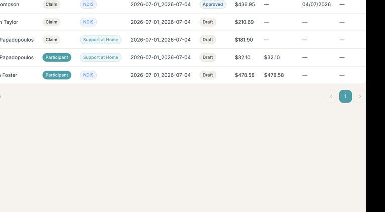 A cropped iWeave Cloud invoices screen listing claim and participant invoices across NDIS and Support at Home schemes with draft and approved statuses