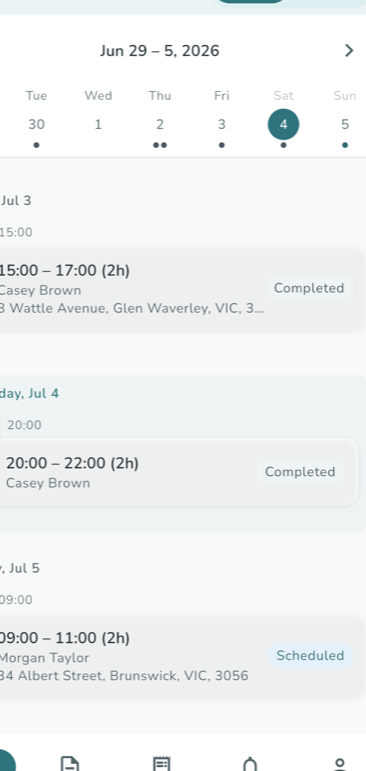 A cropped iWeave Staff mobile app week view listing completed and scheduled shifts with participant names and service addresses
