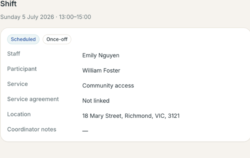 A cropped iWeave Cloud shift detail panel showing staff, participant, service, location, and schedule information
