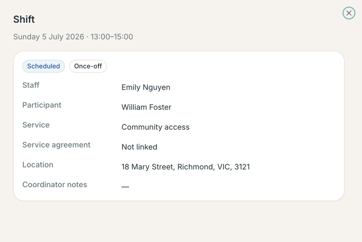 The iWeave Cloud shift detail panel showing staff, participant, service, location, and schedule information